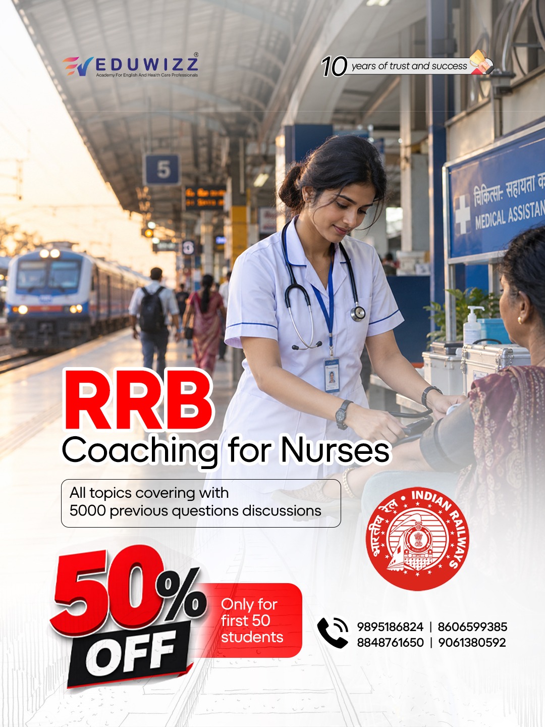 RRB coaching for nurses, 50% off for the first 50 students, 5000 previous questions discussed